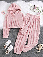Теплая махровая женская пижама, штаны+худи с капюшоном, 42-44 , 46-48 молоко, розовый, голубой, беж, черный