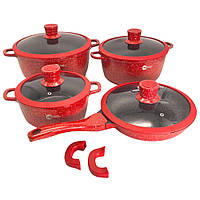 Набор посуды 10 предметов для кухни НК324 с антипригарным покрытием Красные кастрюли сковородка для всех плит