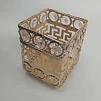 Металлический стакан для маникюрных принадлежностей квадратный, "Меандр", Золотистый, высота 9 см