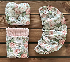 Комплект в дитячу коляску 3 в 1 непромокаючий наматрацник 40×80 см, ортопедична подушка, плед BST Рожевий з зеленим