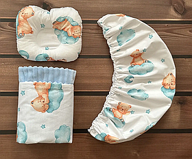 Комплект в дитячу коляску 3 в 1 непромокаючий наматрацник 40×80 см, ортопедична подушка, плед BST Блакитний з бежевим