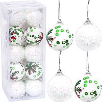 Набор елочных игрушек 20 шт шариков Белый с зелеными пайетками и снегом D 5 см 2023-161 в упаковке 20 шт