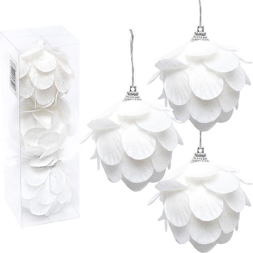 Набір іграшок на ялинку 3 шт Шишки в білому кольорі з глітером 8*6 см HL23SF-174 в упаковці 3 шт, фото 1
