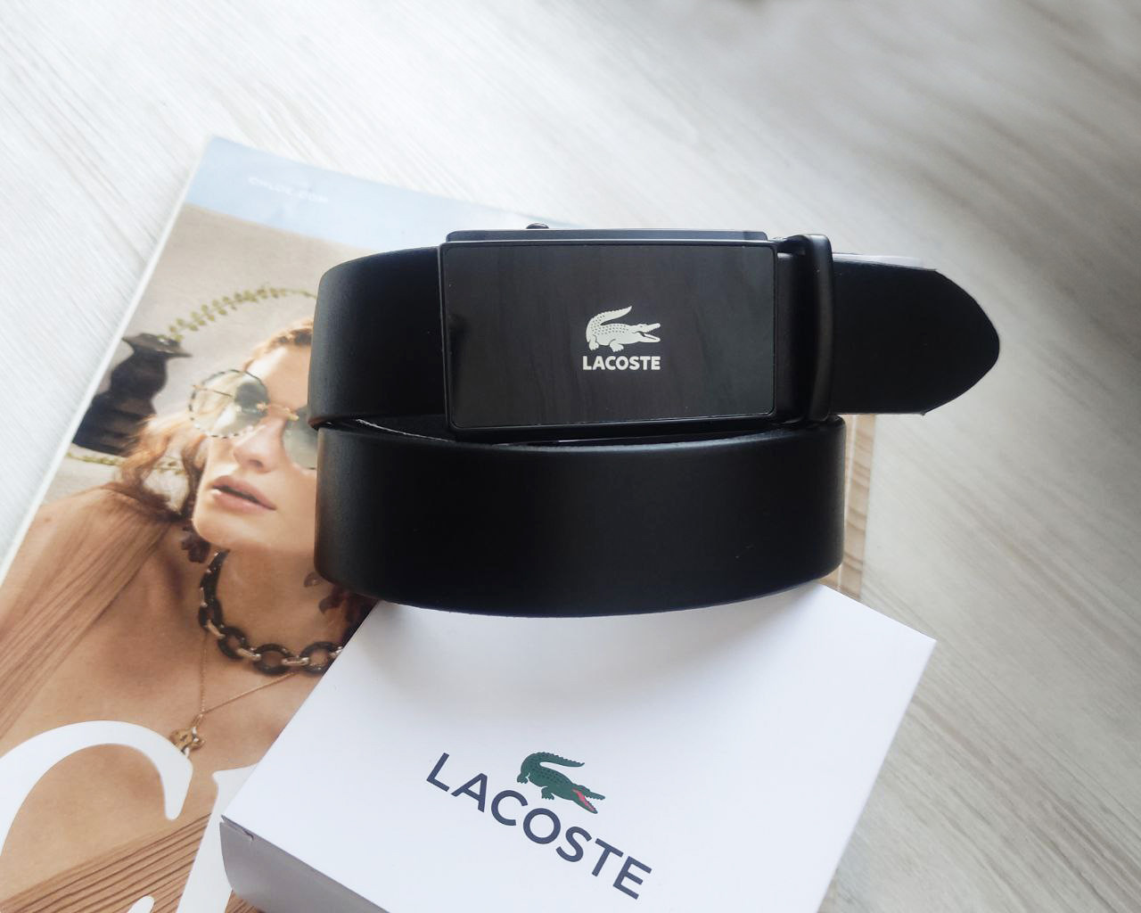 Чоловічий шкіряний ремінь Lacoste пряжка автомат, фото 1