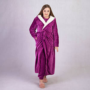 Жіночий довгий махровий халат із подвійним капюшоном "Коса Фуксія" р 42-54