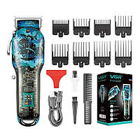 Дизайнерская, Аккумуляторная Машинка - Триммер для Стрижки волос VGR с LED дисплеем и набором 8 насадок, синий