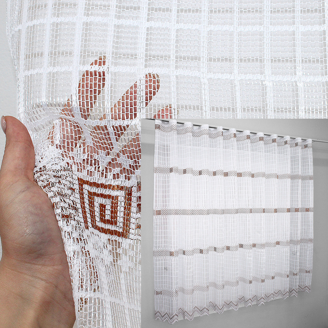 Залишок (1,9х1,5 м.) тканини з рулона, тюль сітка, "Juli". Колір білий з коричневим. Код 1231ту 00-407, фото 1