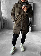 Мужская куртка зимняя (хаки монохром) красивая длинная стеганая курточка с капюшоном s23kd2