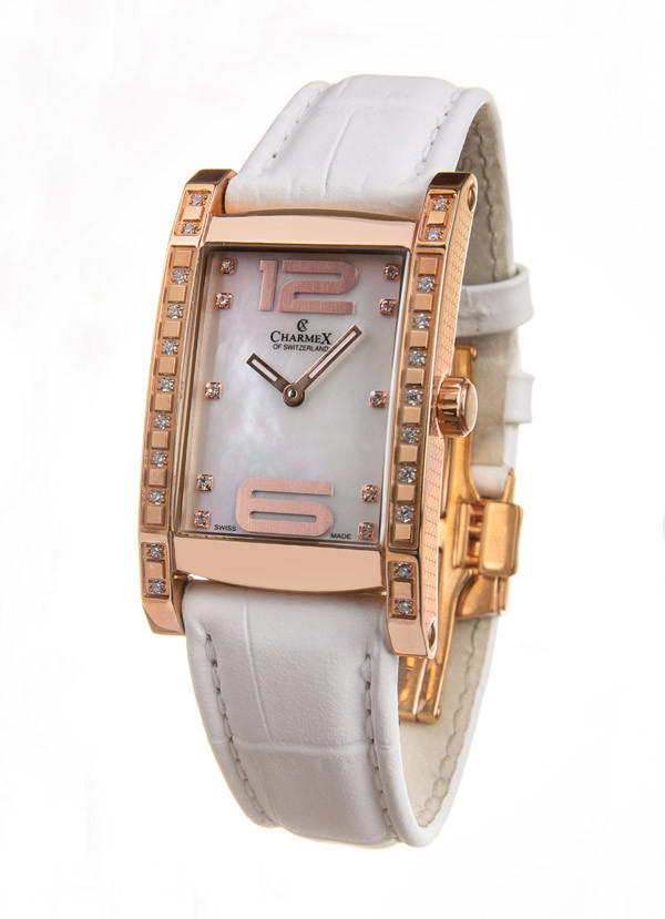 Стильний жіночий швейцарський наручний годинник прикрашений цирконами зі шкіряним ремінцем "Morcote" від Charmex, фото 1