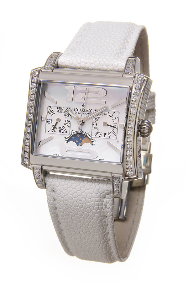 Стильний жіночий швейцарський наручний годинник з індикатором фаз Місяця прикрашений цирконами "Cap Ferrat" від Charmex, фото 1