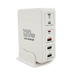DR Зарядна станція V-818H потужністю 120 W, Output: 3USB+3Type-C, DC:5V/3, 9V/3A, 12V/3A, 20V/3.25A, White