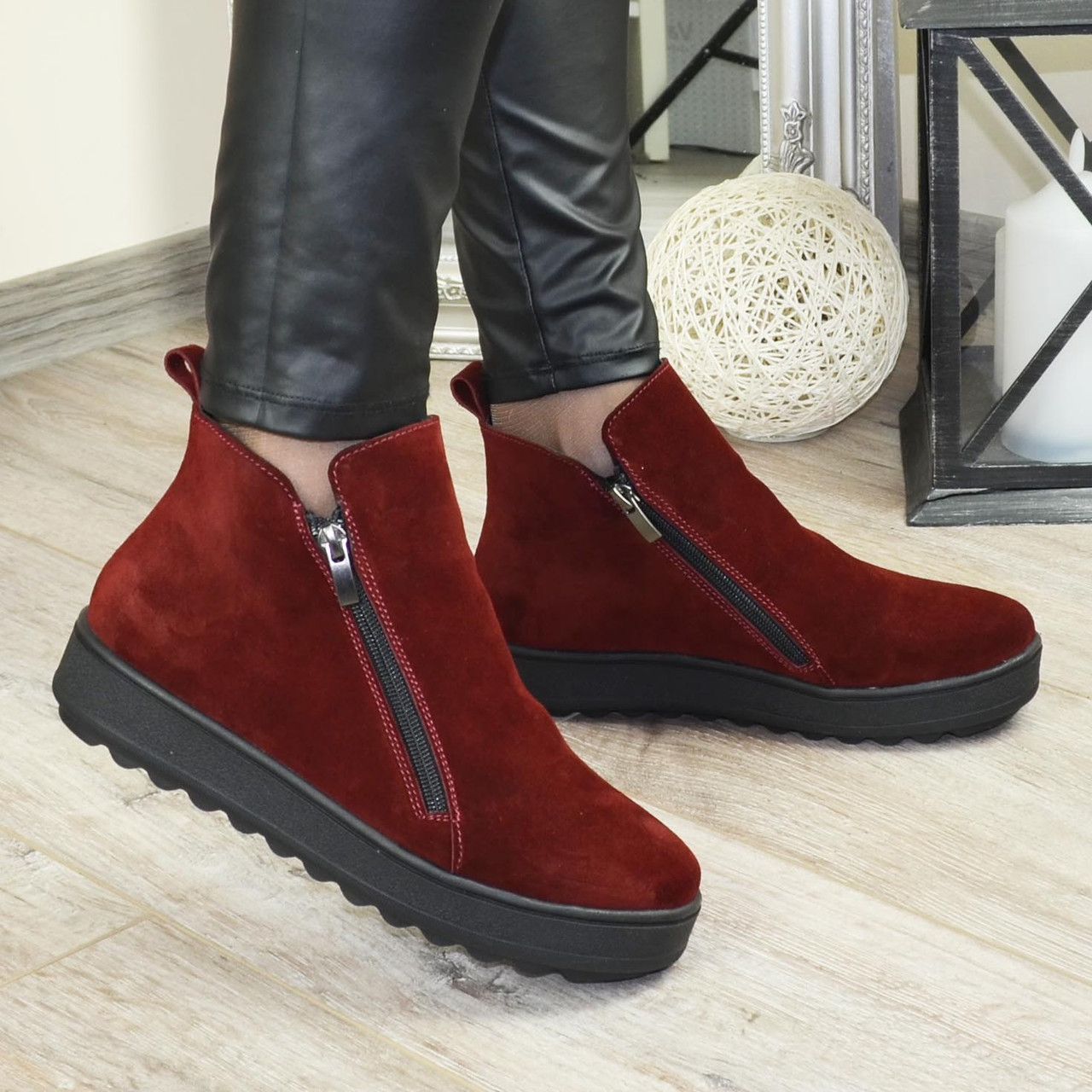 Черевики жіночі замшеві на товстій підошві, колір бордо, фото 1