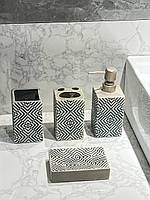 Керамические аксессуары для ванной комнаты: дозатор для мыла, мыльница, стаканы, Бежевый узор