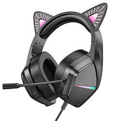Ігрові геймерські навушники з вушками з мікрофоном та підсвіткою BOROFONE BO106 Чорний з рожевим