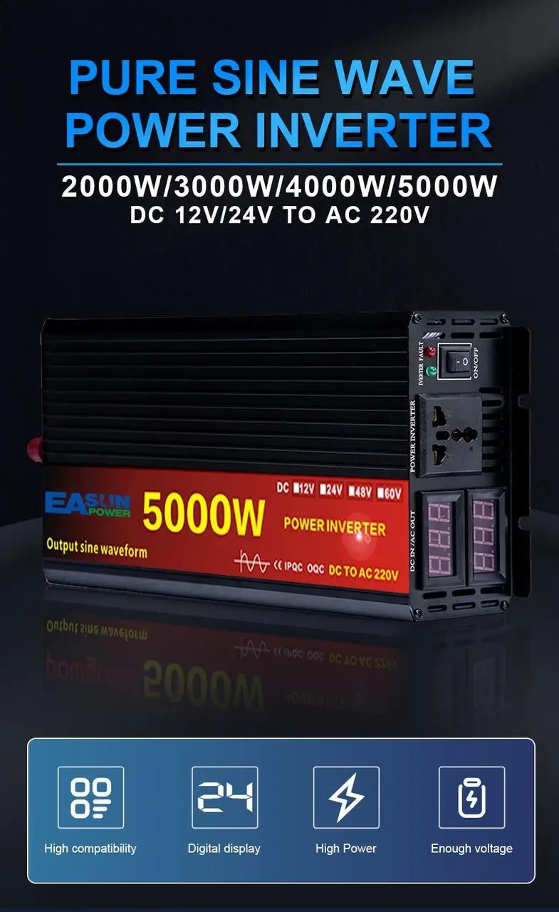 Перетворювач Напруги DC/AC з 12V на 220V 5000W Чистий Синус LCD, Інвертор Підвищувальний