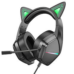 Ігрові геймерські навушники з вушками з мікрофоном та підсвіткою BOROFONE BO106 Чорний із зеленим