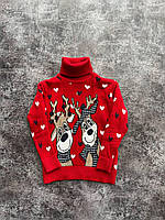 Детский вязаный рождественский свитер шерстяной под горло, новогодний джемпер для мальчика Олени в сердцах