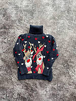 Детский вязаный рождественский свитер шерстяной под горло, новогодний джемпер для мальчика Олени в сердцах