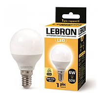 LED ЛАМПА LEBRON L-G45, 6W, Е14, 3000K, 480LM, УГОЛ 220 °