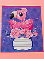 Тетрадь 12 листов в косую линию Фламинго на фиолетовом фоне