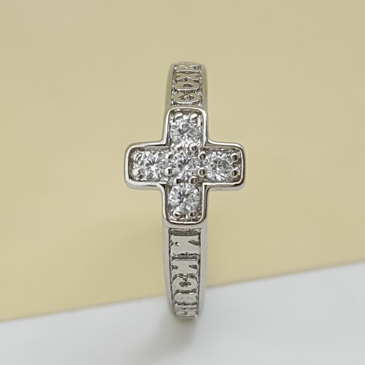 Кольцо "Спаси и Сохрани" с крестом и камнями, р.16,5, Xuping, родий - фото 2 - id-p2008412434