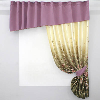 Кухонний комплект (275х170см.) шторка з ламбрекеном. Колір пудровий з оливково-жовтим. Код 097к  52-0460
