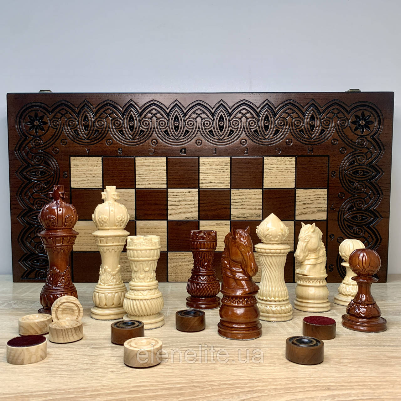 Шахова дошка складана, 3 в 1, Нарди, шашки розмір 53.5/53.5 см. З фішками та фігурами "Elegant Classic". Ручна робота