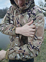 Тактическая теплая мужская куртка с капюшоном мультикам SoftShell,армейская водооталкивающая на флисе софтшел