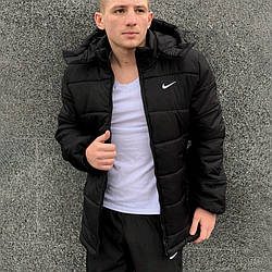 Чоловіча зимова куртка Nike Зимовий чоловічий пуховик Найк чорний з капюшоном