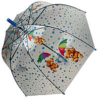 Дитяча прозора парасоля-тростина, напівавтомат в яскравими малюнками ведмедиків від Rain Proof, з синьою ручкою, 0272-3