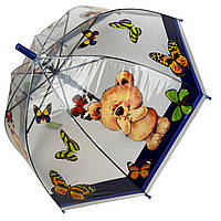 Дитяча прозора парасоля-тростина, напівавтомат в яскравими малюнками ведмедиків від Rain Proof, з темно-синьою ручкою, 0272-4