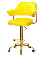 Высокий стул Jeff BAR GD-Office велюр желтый В-1027, золотая крестовина с колесами, с регулировкой высоты
