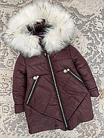 Детское зимнее пальто для девочки в бордовом цвете, размеры 104, 122