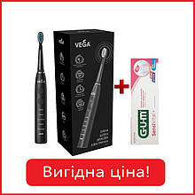 Електрична звукова зубна щітка на 5 режимів Vega VT-600 В (чорна) + Зубна паста GUM SENSIVITAL+, 75 мл