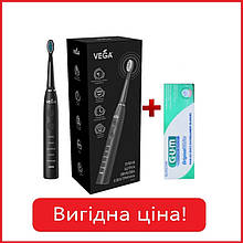 Електрична звукова зубна щітка на 5 режимів Vega VT-600 В (чорна) + Зубна паста GUM ORIGINAL WHITE, 75мл