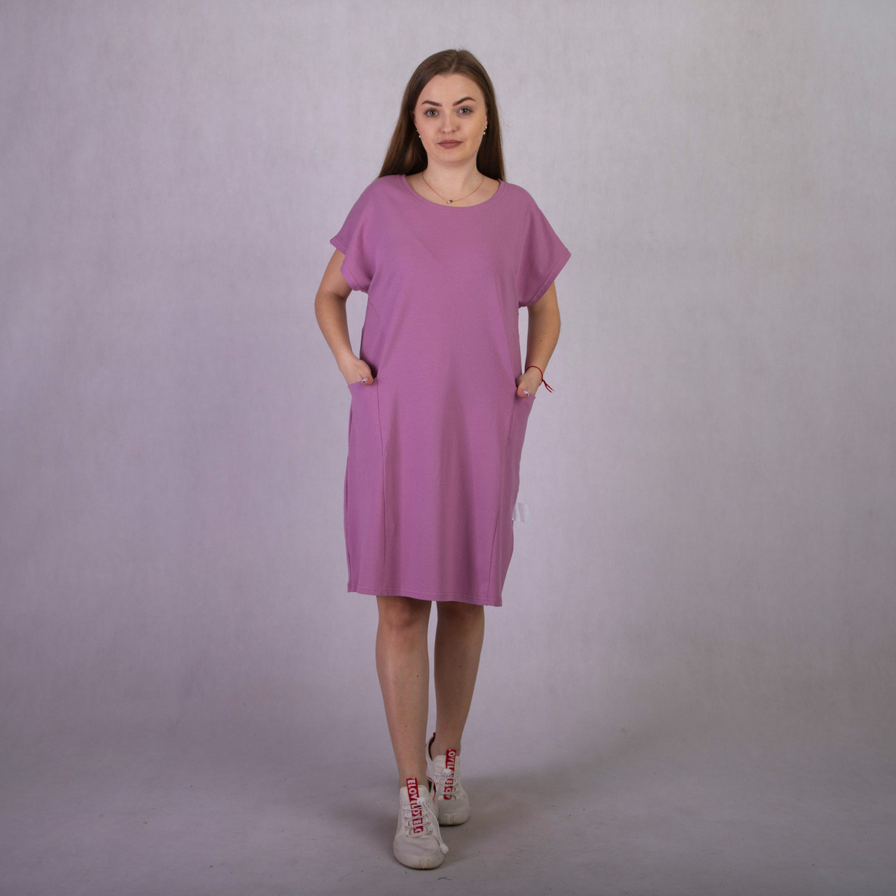 Плаття жіноче вільне легке однотонне літнє з кишенями темно-рожевий 46-52р.