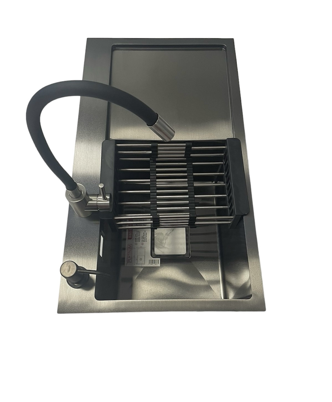 Мийка сталева Platinum Handmade 780X430X220 в комплекті з гнучким змішувачем, сифоном, кошиком та дозатором