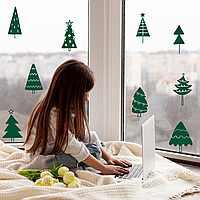 Новогодние наклейки Праздничные елочки 9 шт. (виниловые наклейки елки на стены) декор витрин матовая зеленый