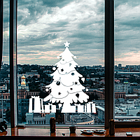 Новорічна наклейка Ялинка з подарунками 40х43см (новорічний декор стін самоклейка) глянсова Білий