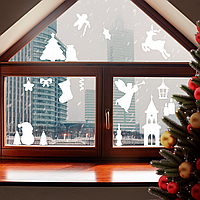Новорічні наклейки на вікна Новорічний набір 19 шт. Лист 32*50см (ялинка олень ангел сніговик) глянець білий