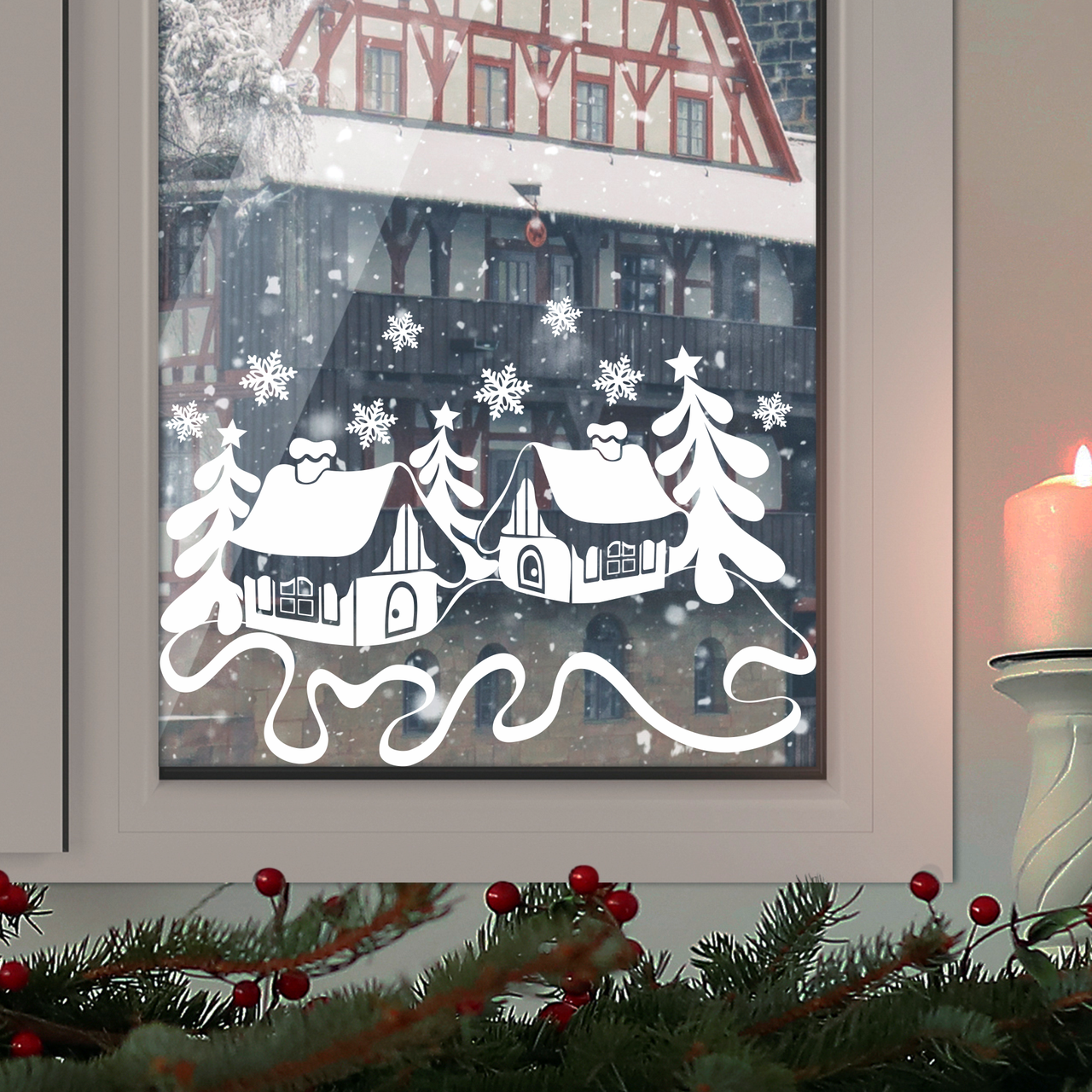 Наклейки новогодние Сказочные домики Снежинки (декор окон снег Новый год) 48х31 см белый глянцевый - фото 1 - id-p2016420721