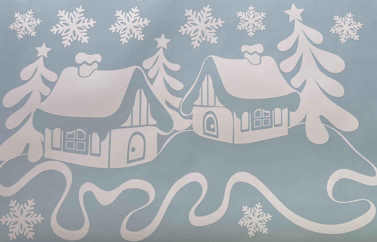 Наклейки новогодние Сказочные домики Снежинки (декор окон снег Новый год) 48х31 см белый глянцевый - фото 9 - id-p2016420721