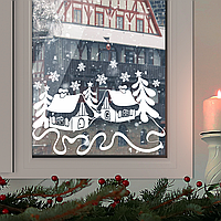 Набор новогодних наклеек Сказочные домики Снежинки (самоклейка снег Новый год) 96х62 см белый глянцевый