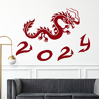 Новогодние наклейки Дракон с цифрами (Символ 2024 Год дракона) змей Набор L 96х68см матовая Красный