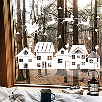 Новорічна наклейка на вікно Милі будиночки Санта Олені (Новий рік місяць зірки) Набір S 47см глянсова Білий