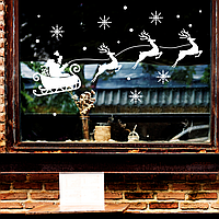 Новогодняя наклейка на окно Санта на санях с оленями (снежинки снег дед мороз) Набор S 75см глянцевая Белый