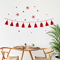 Новорічна наклейка на вікно Ялинки на скріпках (гірлянда сніг сніжинки Новий рік) 80х15 см матова Червоний