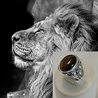 Серебряный мужской перстень с натуральным тигровым глазом Африканский Крылатый Лев