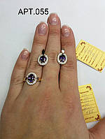 Серебряный набор с золотыми накладками Офелия - серебряные серьги и кольцо с голубыми камнями