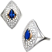 Женское серебряное кольцо Адель с золотыми вставками и Синим фианитом